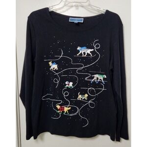 Ice Skating Dogs Cotton T-Shirt Large Black Glitter Whimsigoth Holiday‎ Novelty